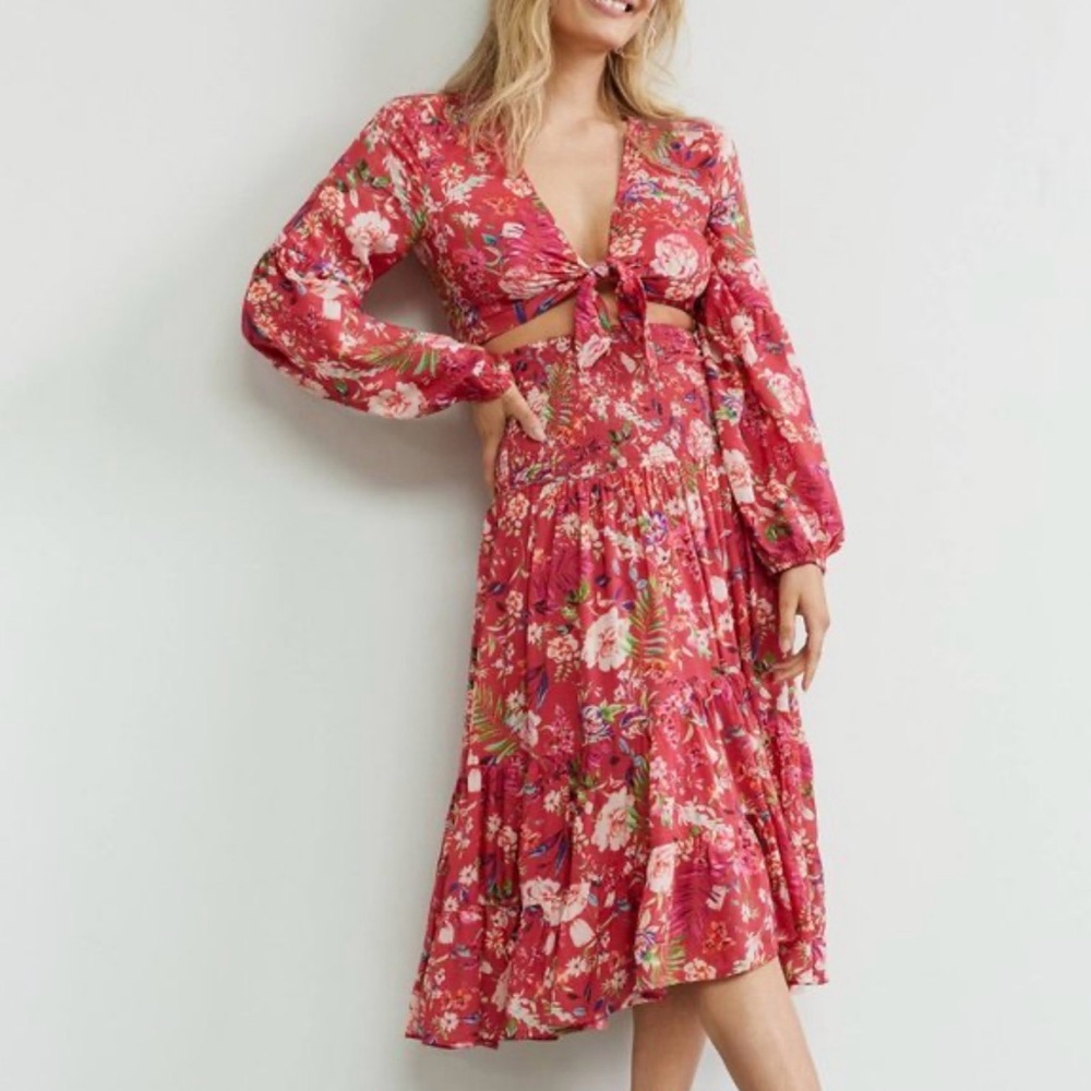 Anthropologie Red Floral Top and Skirt Set
